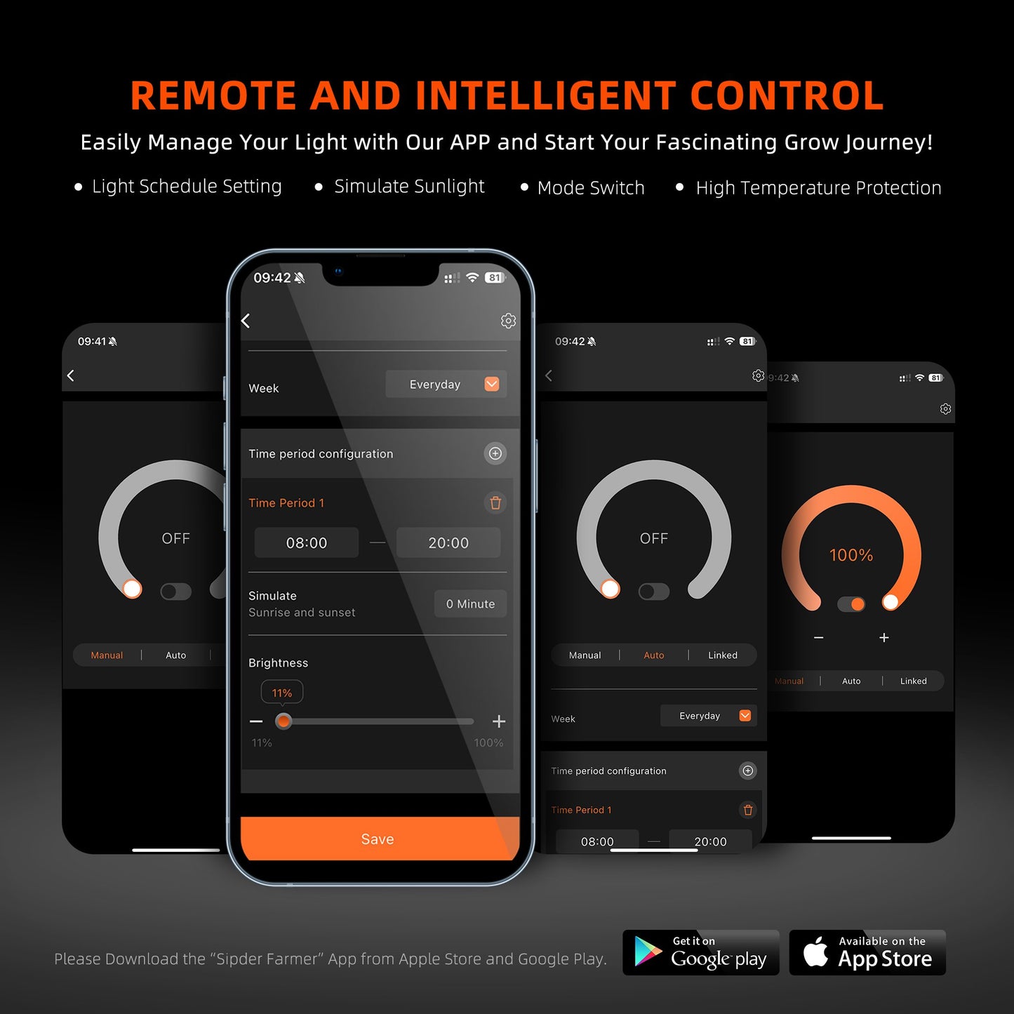 Spider Farmer App-Interface zur Steuerung der G4500 LED-Wachstumslampe via Smartphone