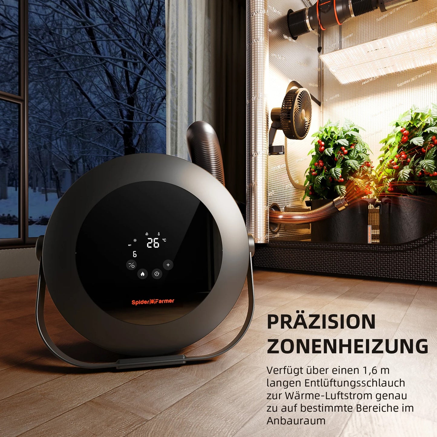 "Integrierte Temperatur- und Lichtsensoren des Spider Farmer Heizers"