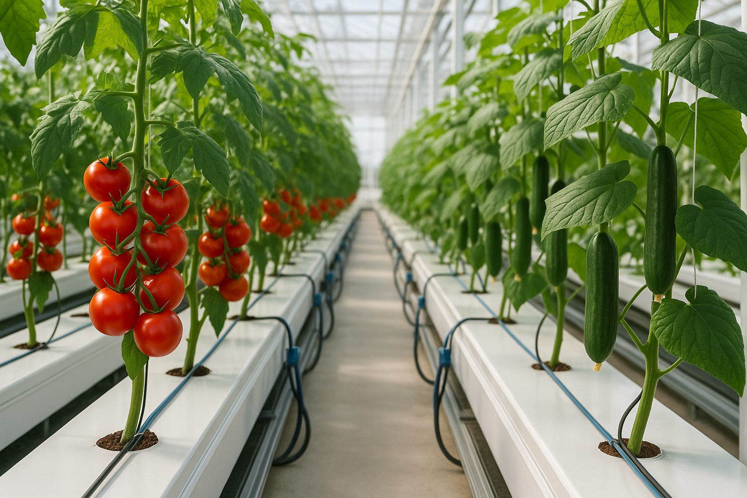 Hydroponisches Anbausystem mit gesunden Tomaten- und Gurkenpflanzen in einem modernen Gewächshaus. Die Pflanzen wachsen in einem erdlosen System mit Nährstofflösungsrohren, zeigen üppiges grünes Laub mit reifen roten Tomaten und frischen Gurken.