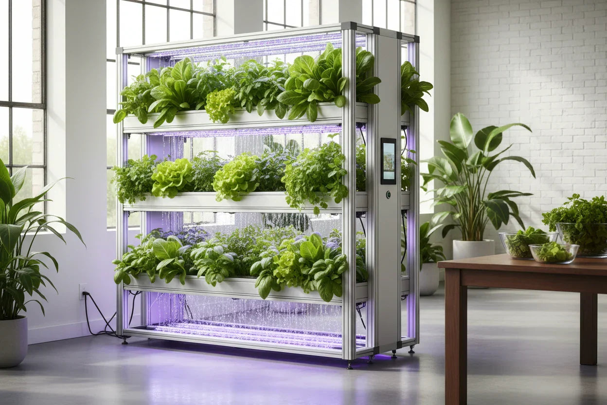 Hydroponik-Garten mit saftig grünem Salat und Kräutern in einem eleganten automatisierten System