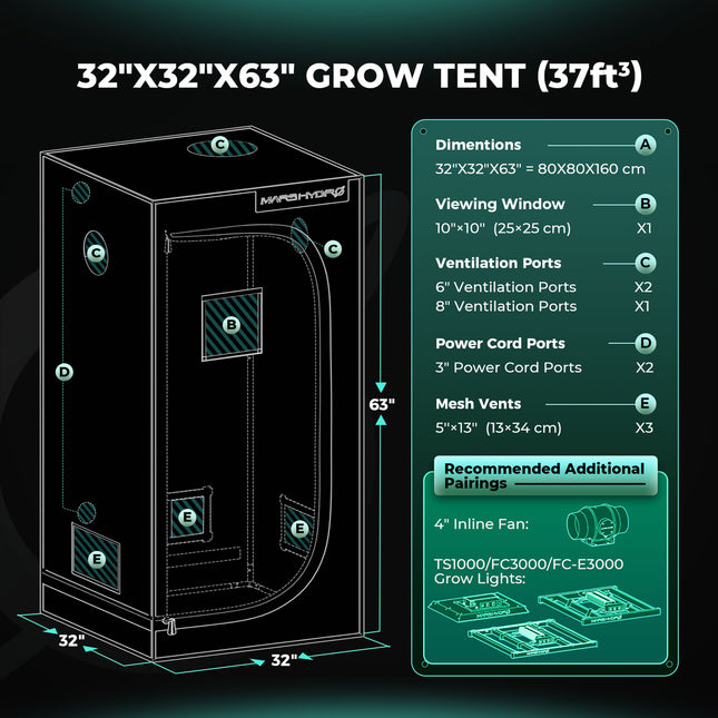 Mars Hydro Growzelt Größenvergleich 32x32x63cm bis 80x80x160cm für verschiedene Anbaubedürfnisse