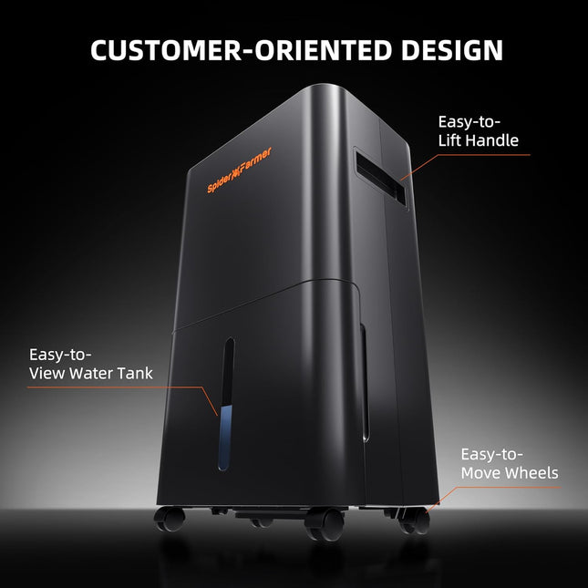 Spider Farmer Luftentfeuchter 12L Seitenansicht - Kompressor-Technologie und Wassertank