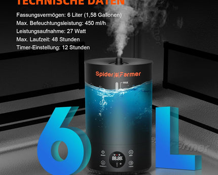 Spider Farmer 6L Luftbefeuchter schwarz - Ultraschall Kaltnebel mit Digitalanzeige