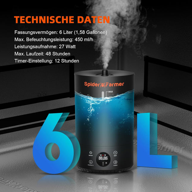 Spider Farmer 6L Luftbefeuchter schwarz - Ultraschall Kaltnebel mit Digitalanzeige