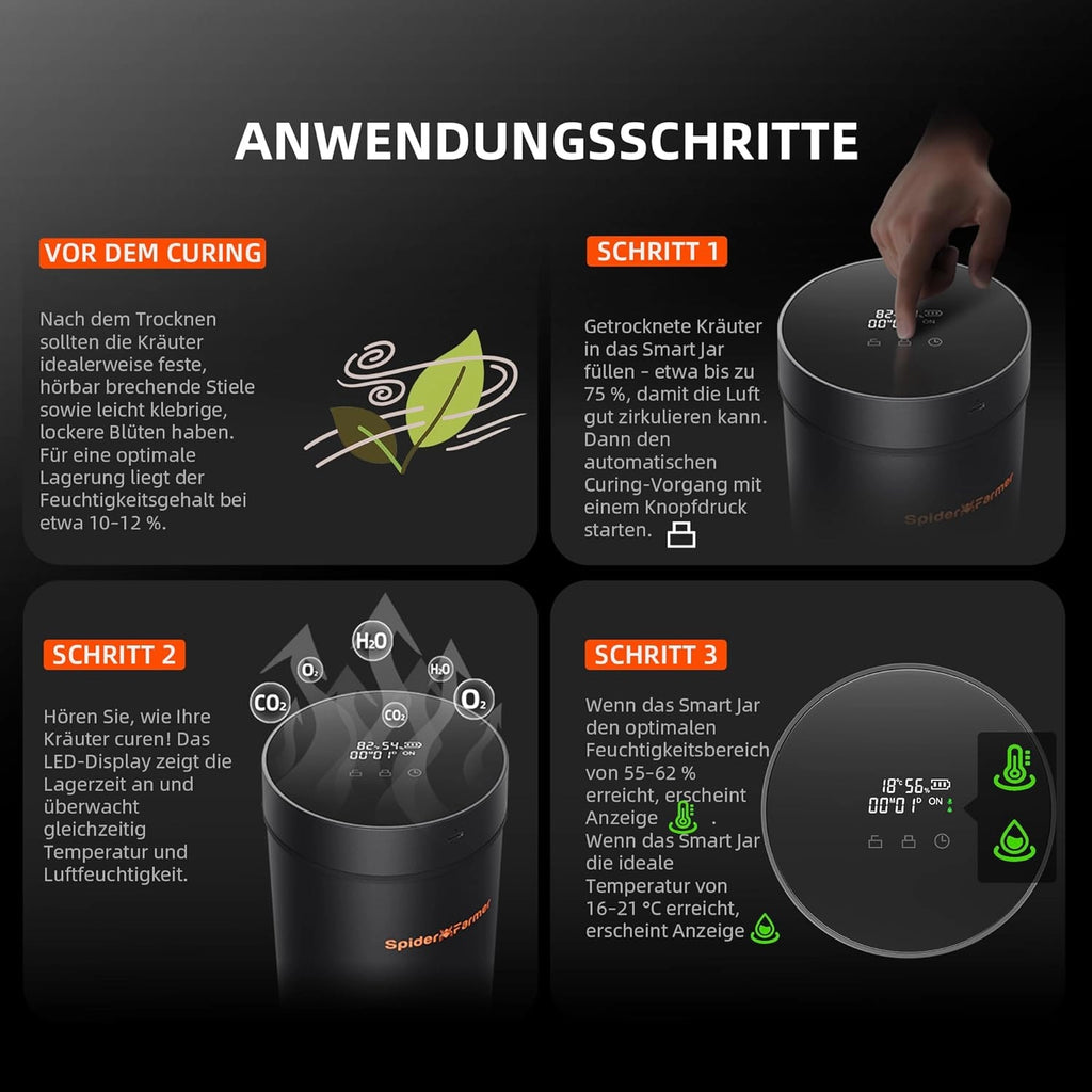 Spider Farmer® 2L Auto-Cure Smart Jar - smarte Gewürz & Kräutermühle - Anwendungsschritte