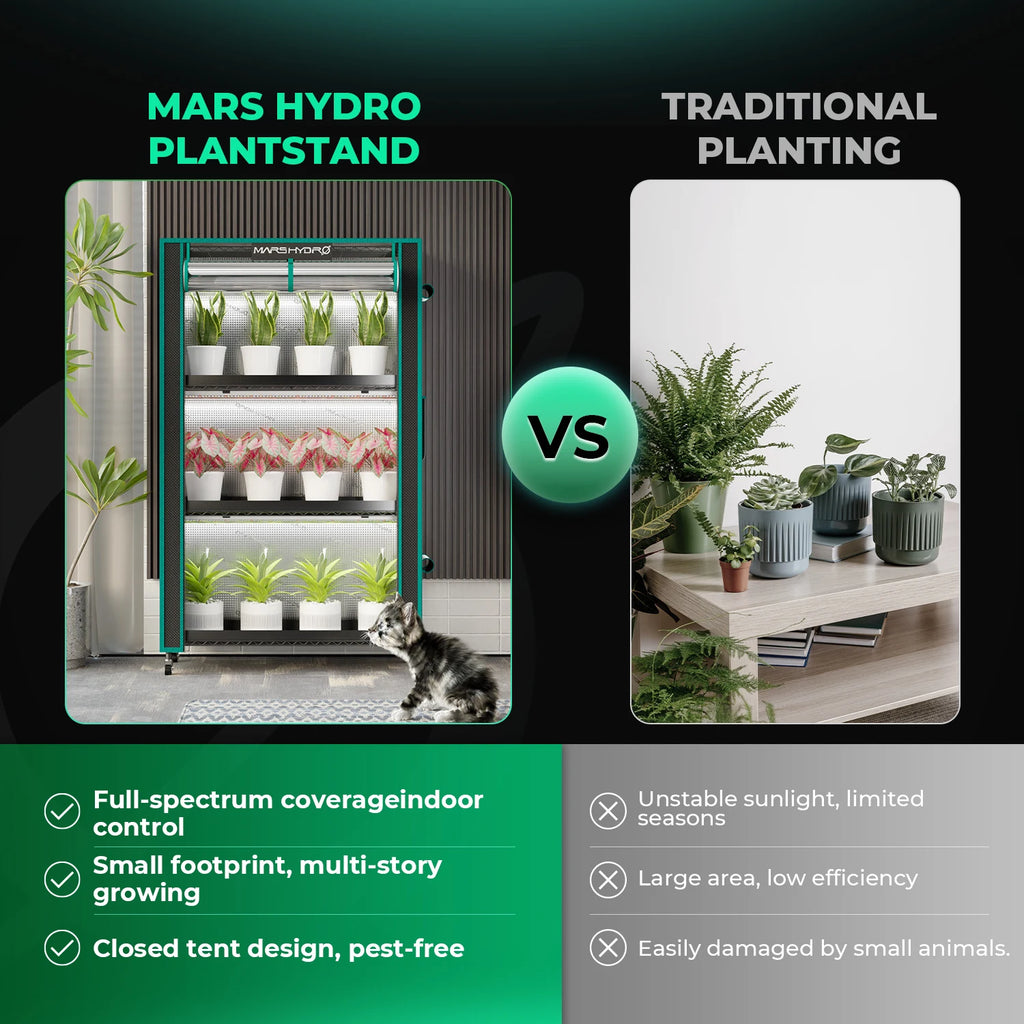 Mars Hydro 6 -Tier-Pflanzenregal mit 250-W-LED-Wachstumslichtern Vergleicht zu normalen Pflanzenregalen