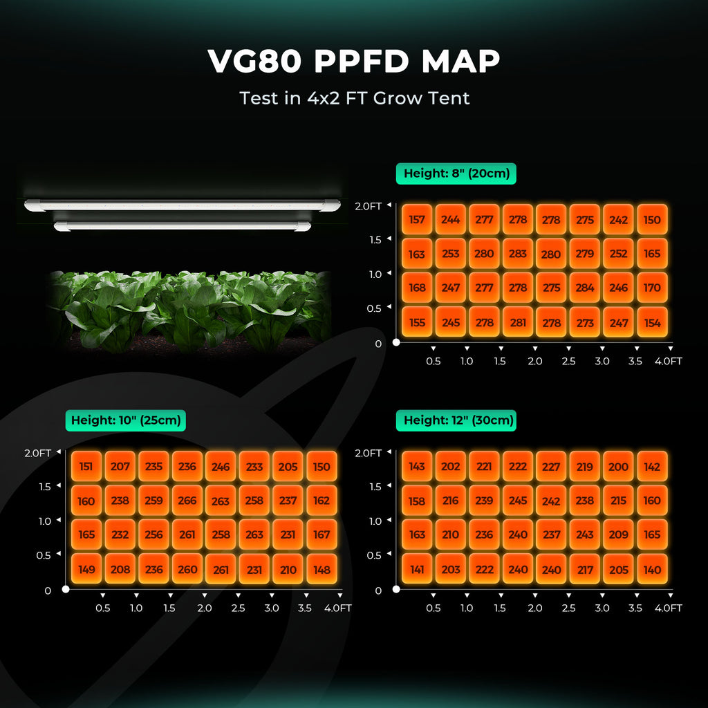 Mars Hydro VG80 PPFD Werte - 154,74 μmol/s Lichtleistung für 120x60cm Abdeckung