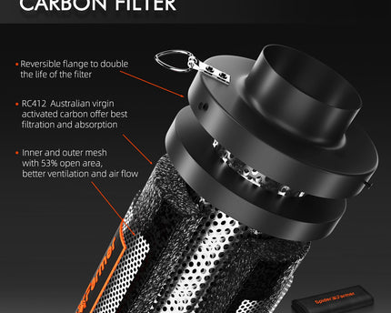 Spider Farmer® Growzelt Belüftung - Inline-Lüfter mit Aktivkohlefilter für Geruchskontrolle
