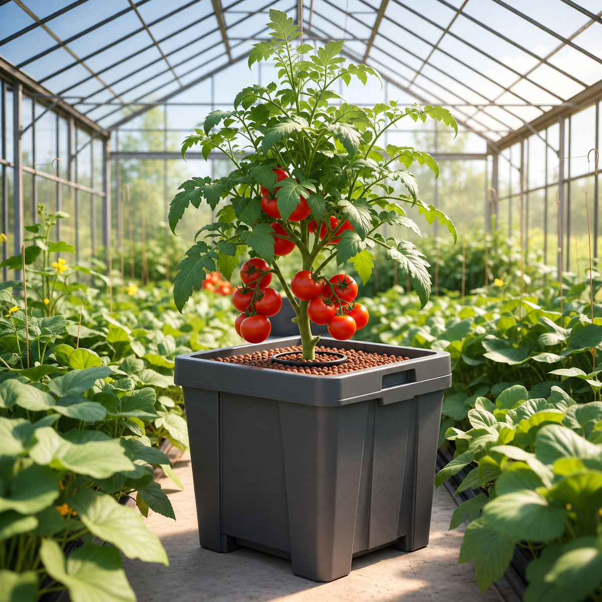 T.A. CultiMate L 45 L Hydroponiksystem mit Tomatenpflanze im Gewächshaus
