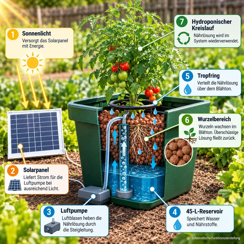 Schematische Funktionsweise des T.A. CultiMate L Solar: Solarpanel, Luftpumpe, Tropfring, Blähton und 45-L-Reservoir