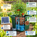 Schematische Funktionsweise des T.A. CultiMate L Solar: Solarpanel, Luftpumpe, Tropfring, Blähton und 45-L-Reservoir
