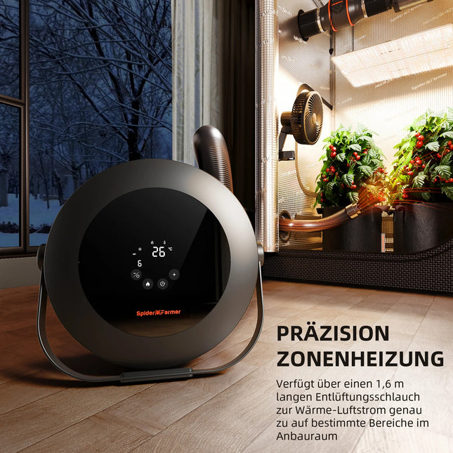 "Integrierte Temperatur- und Lichtsensoren des Spider Farmer Heizers"