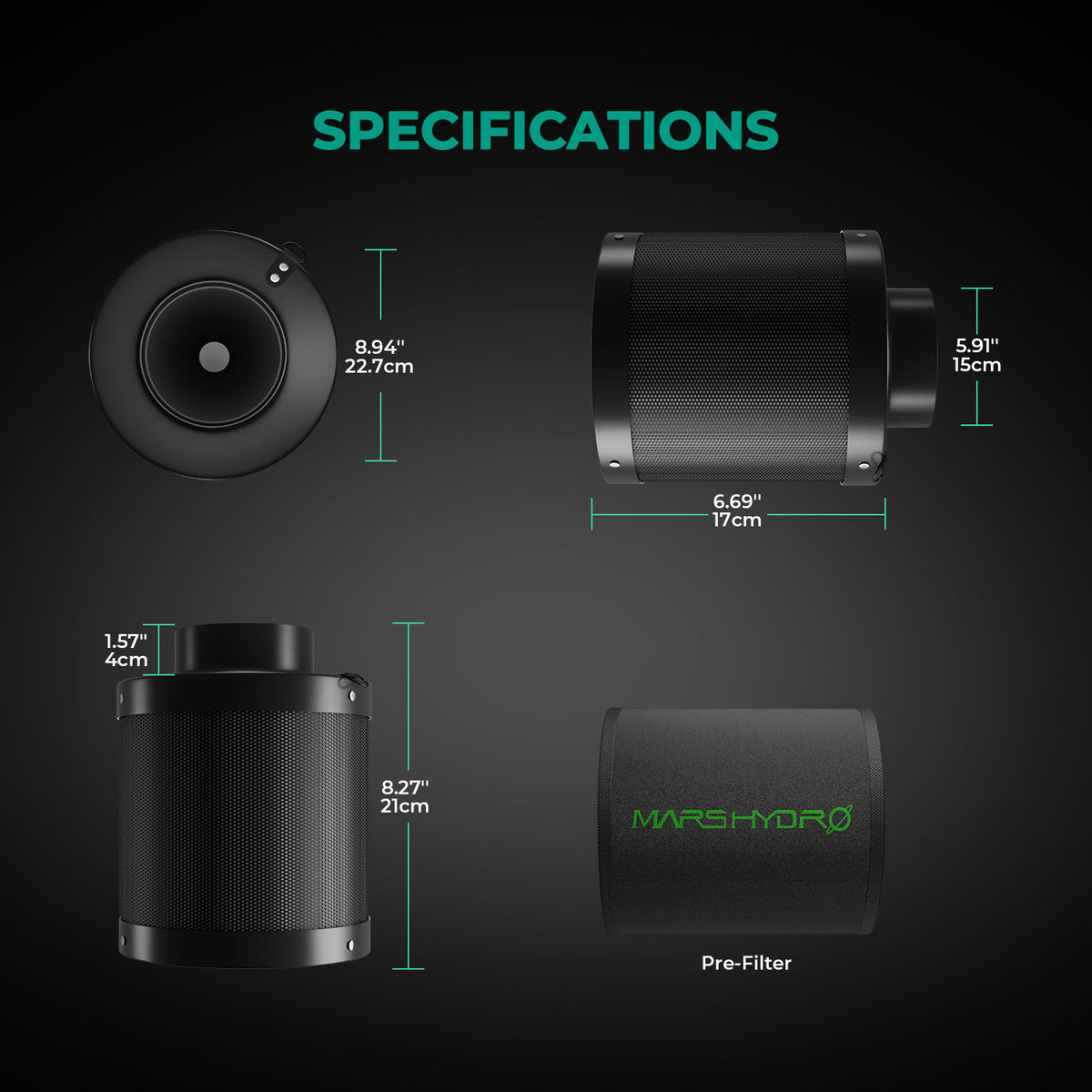 Mars Hydro 6 Zoll Aktivkohlefilter Abmessungen und technische Daten