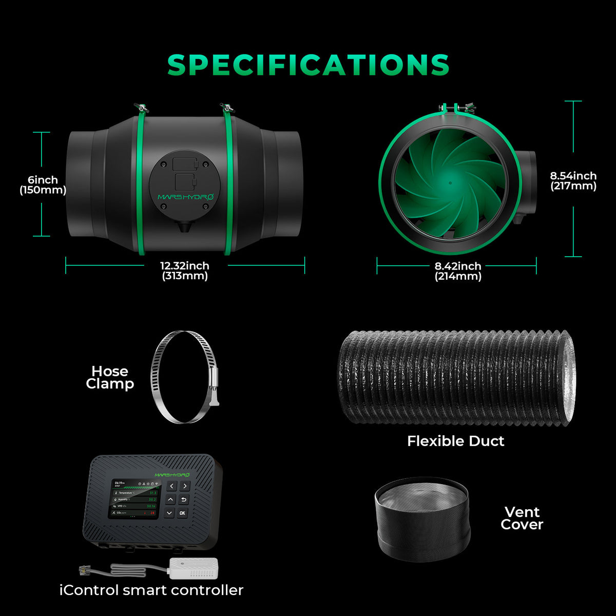 Mars Hydro iFresh 6 Zoll Abluftset technische Daten und Lieferumfang