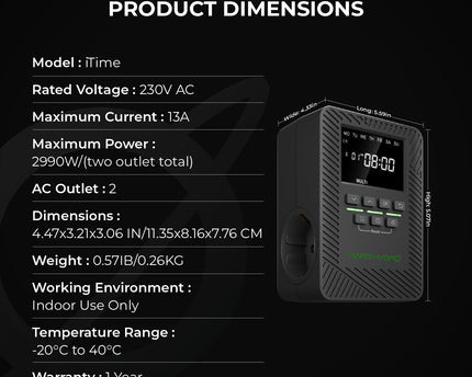 Mars Hydro iTime Smart Timer Abmessungen und technische Spezifikationen EU
