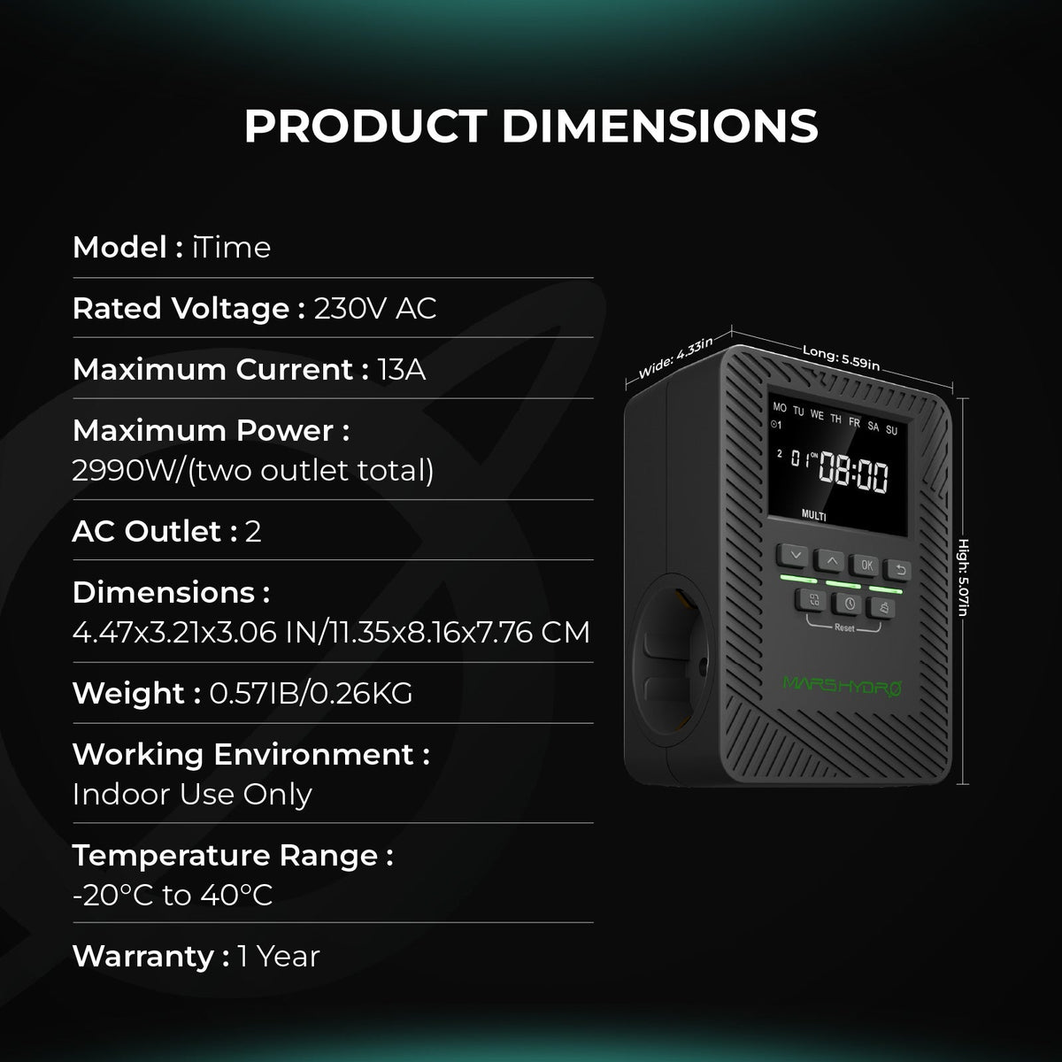 Abmessungen des Mars Hydro iTime 2-in-1 Smart Timers EU