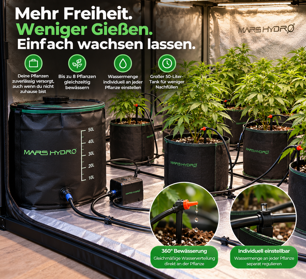 Mars Hydro Tropfbewässerungs-Set im Growzelt mit Tank, Leitungen und Tropfern