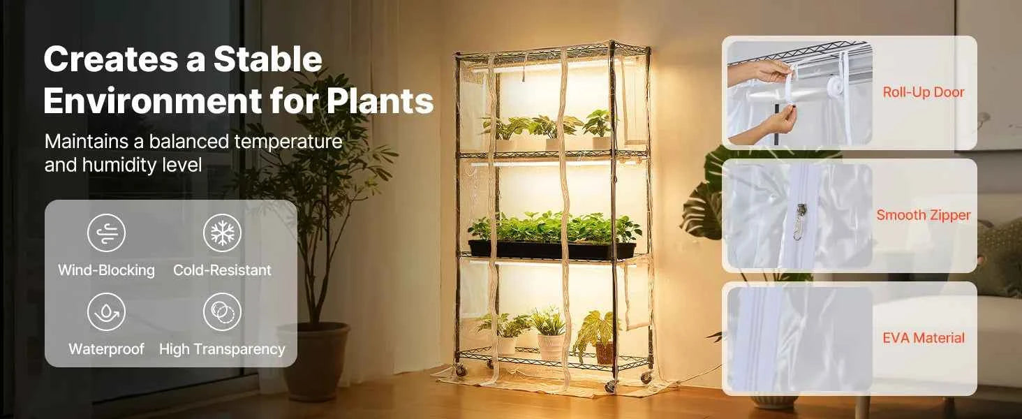 Pflanzenregal 90x35x150 cm mit Wachstumslicht 4 Etagen inkl. Abdeckung und Timer