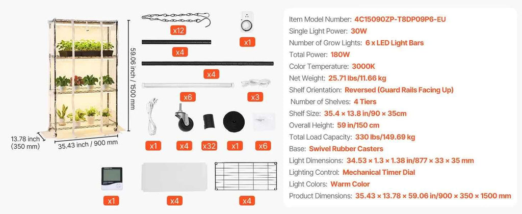 Pflanzenregal 90x35x150 cm mit Wachstumslicht 4 Etagen inkl. Abdeckung und Timer