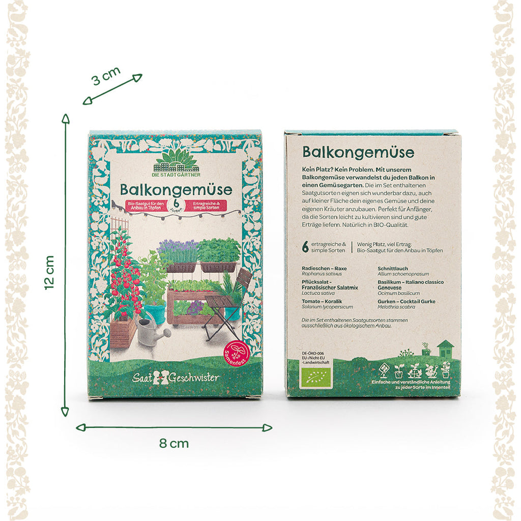 BIO-Saatgut-Set "Balkongemüse" Verpackung & Sorten