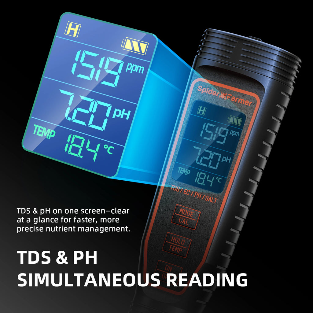 Spider Farmer® 5-in-1 pH-Messgerät-Set für Hydrokultur LED Display
