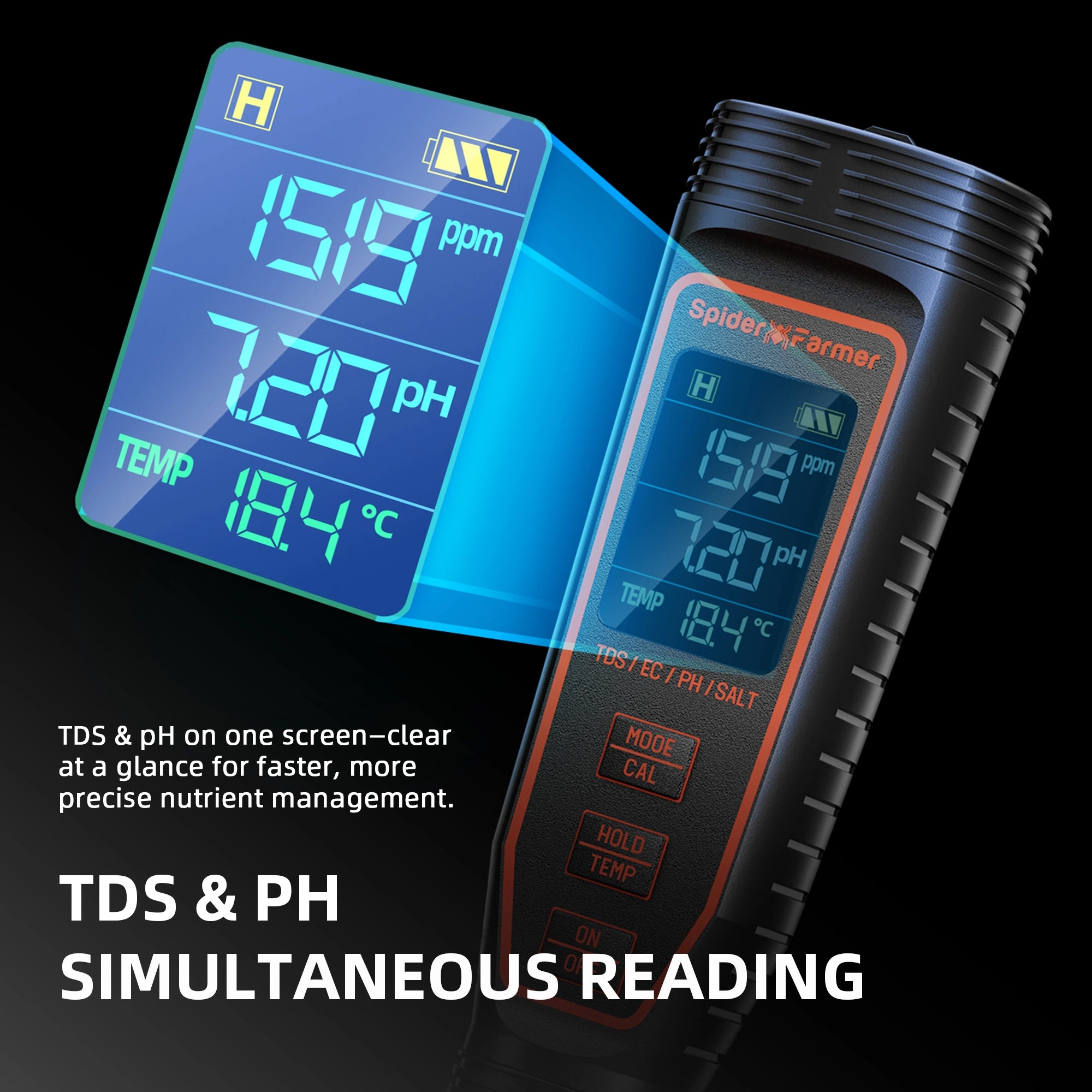 Spider Farmer® 5-in-1 pH-Messgerät-Set für Hydrokultur LED Display